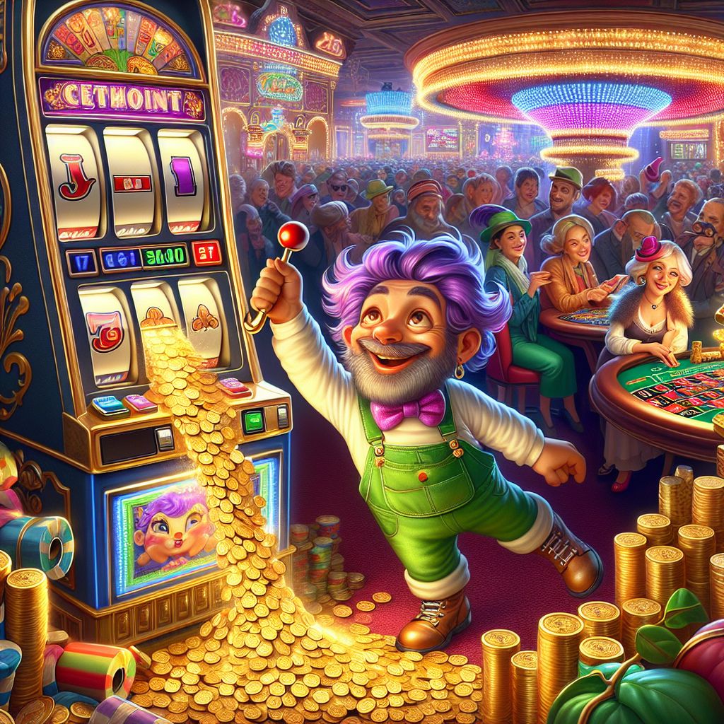 Cartoon character hitting a massive jackpot on 4966bet slots